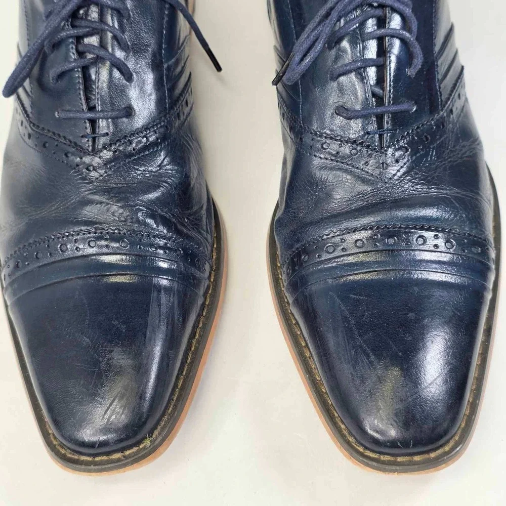 Stacy Adams Shoes Men's Size 10.5 Navy Blue Leather Cap Toe Brogue Oxford Casual